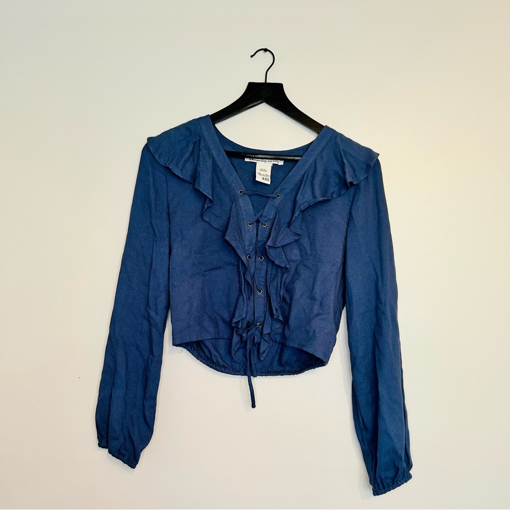 American Rag Blue Ruffle Long Sleeve Crop Top - Picture 3 of 5